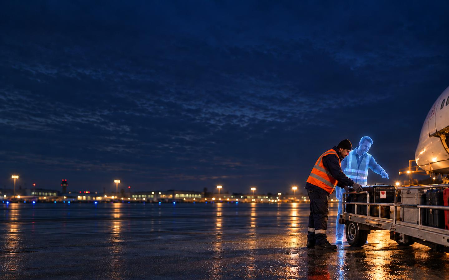 AI-generated: During night-time aircraft handling, a ground worker loads baggage while an agent made of blue light points to the baggage cart.