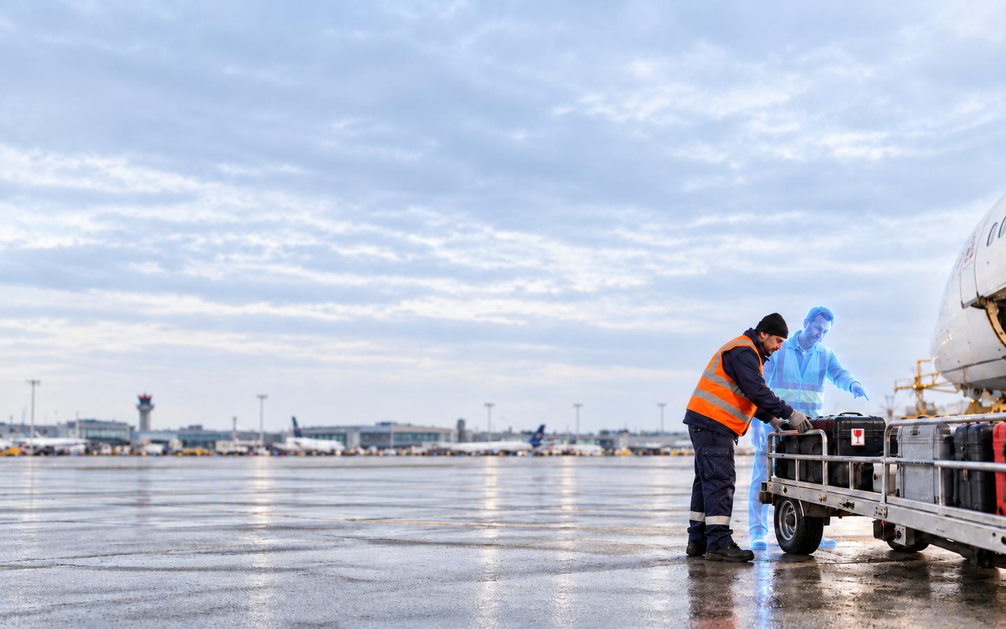 AI-generated: During night-time aircraft handling, a ground worker loads baggage while an agent made of blue light points to the baggage cart.