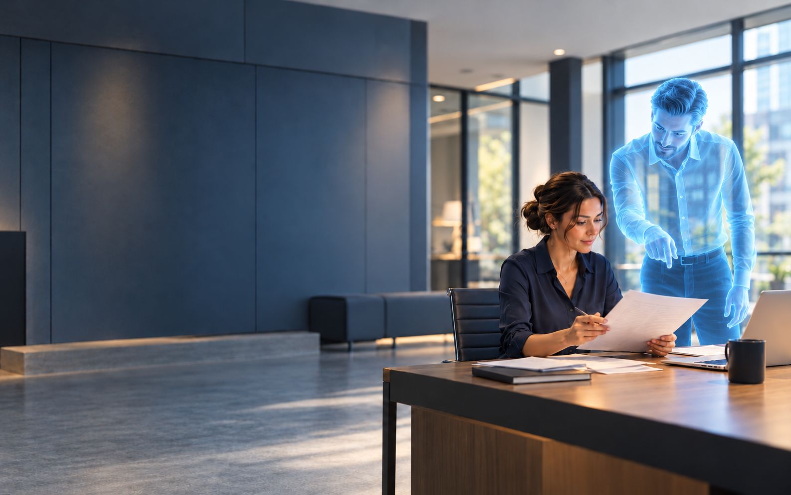 AI-generated: Human and agent in an office