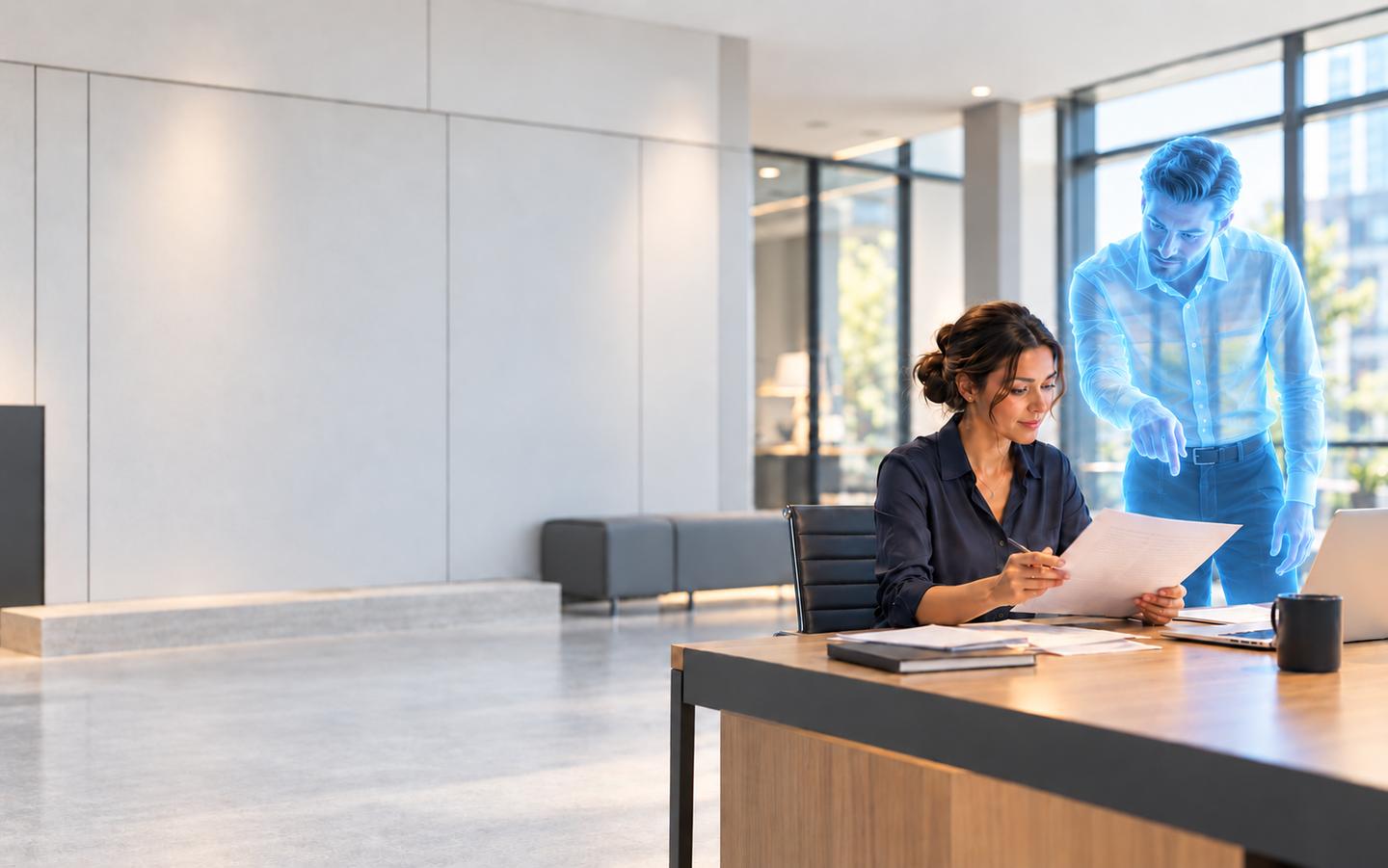 AI-generated: In an office, an employee reviews a document while an agent made of blue light points to a passage in it.