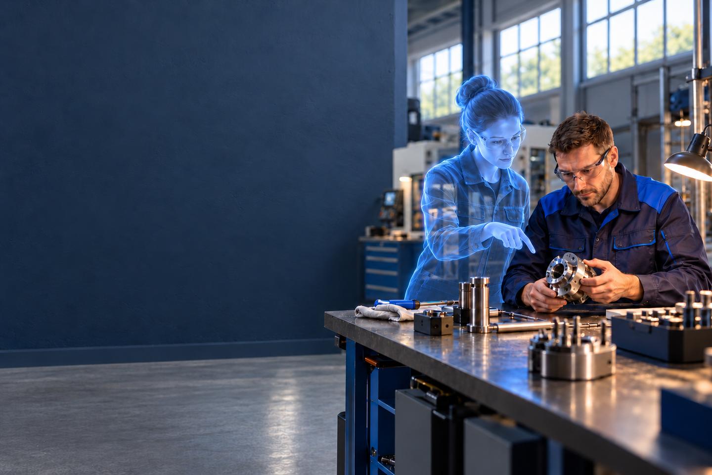 AI-generated: In a production hall, a worker inspects a component while an agent made of blue light points to a spot on it.