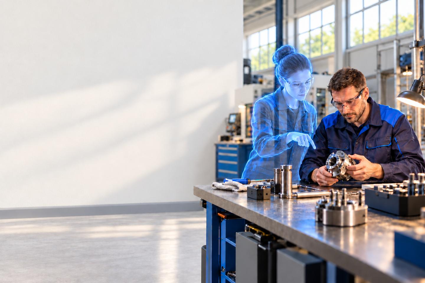 AI-generated: In a production hall, a worker inspects a component while an agent made of blue light points to a spot on it.