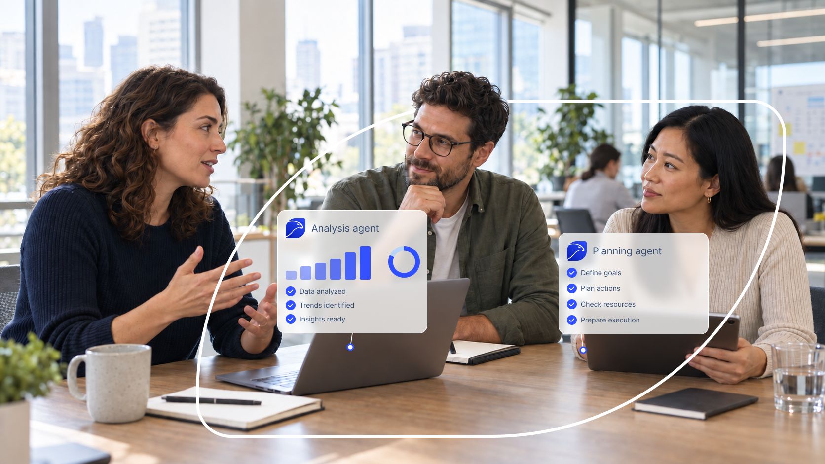 AI-generated: Three people talk at a table while two agent cards show analysis and planning; a Hawk Eye outline runs behind the person in the middle.